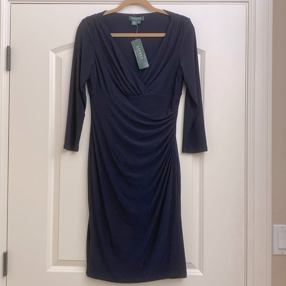 NWT Lauren Ralph Lauren Navy Rouched Midi dress Women’s 10 Pop Over Stretch - Picture 1 of 12